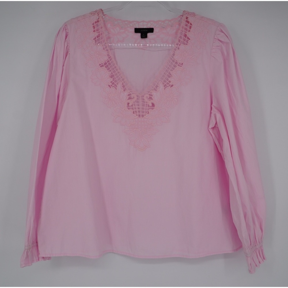 J.Crew Pink Lace V-Neck Puff Sleeve Cotton Blouse Top Large Preppy‎ Coastal